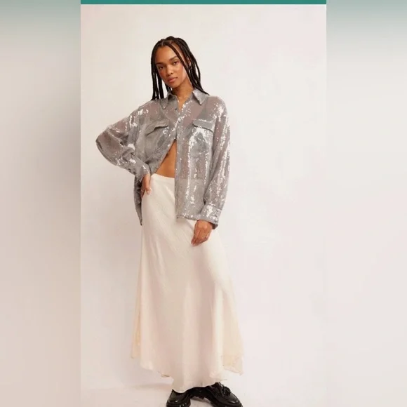 Free People Disco Margarita Sequin
Button Down Top in Silver Large - Picture 3 of 10